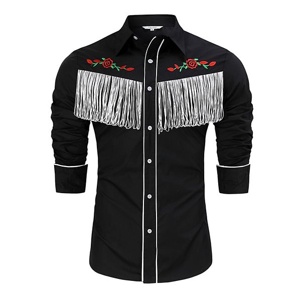 Men's Western Cowboy Fringe Shirt Long Sleeve Rose Embroidered Slim Fit Button Down Shirt Kojooin