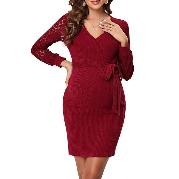 Women's Maternity Dress Lace Long Sleeve Bodycon Midi Dress V Neck High Waist Pregnancy Dress Kojooin