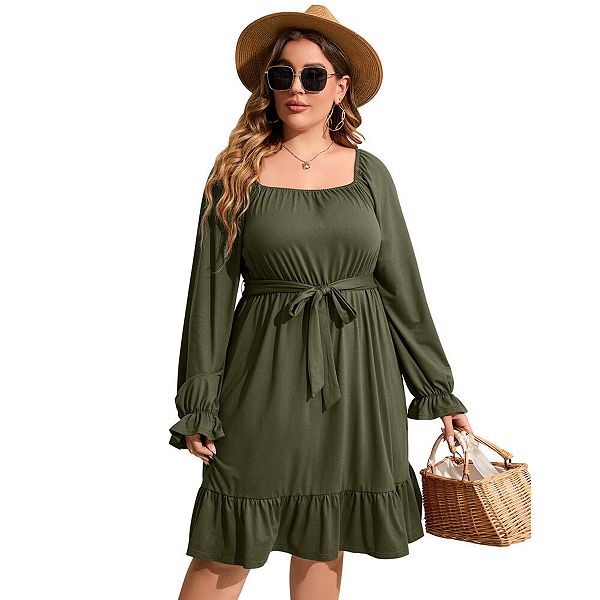 Women's Casual Plus Size Dress Short Sleeve High Waist Ruffle Summer Midi Dress With Belt Kojooin