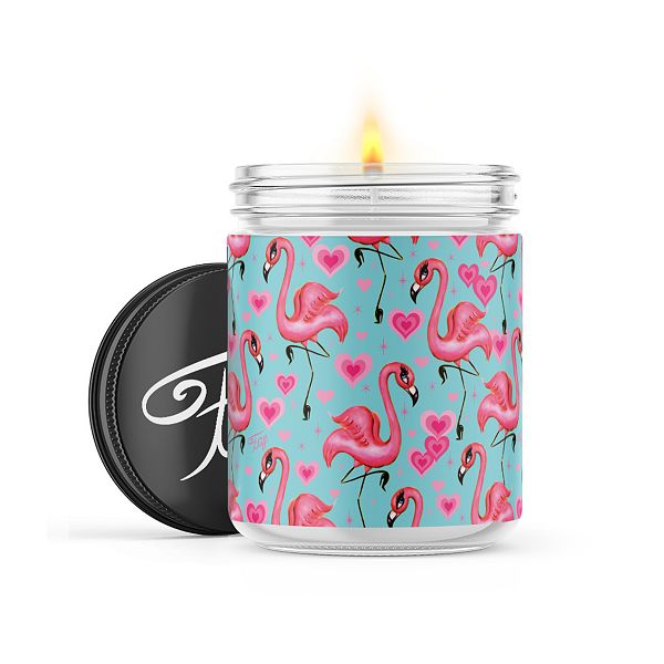 Flamingo With Hearts Aqua - 22-oz Candle Jar - Mahogany Teakwood Miss Fluff