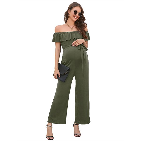 Casual Off Shoulder Maternity Jumpsuits Short Ruffle Sleeves Belted Wide Leg Jumpsuits Romper Kojooin