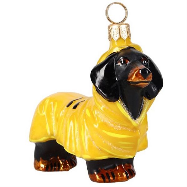 Joy To The World Black Dachshund In Yellow Rain Coat Polish Glass Ornament Joy to the World Collectibles