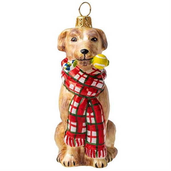 Joy To The World Yellow Lab With Bushy Scarf And Chew Toy Polish Glass Ornament Joy to the World Collectibles