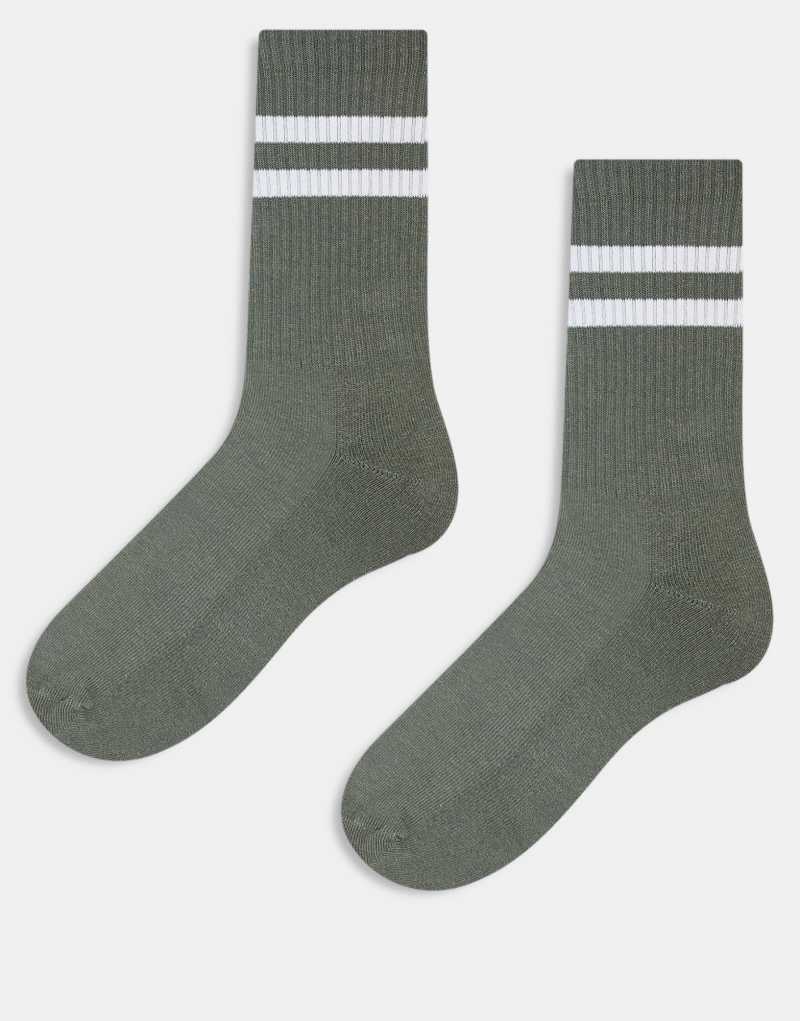 ASOS DESIGN 2 pack socks with white stripes in khaki ASOS DESIGN