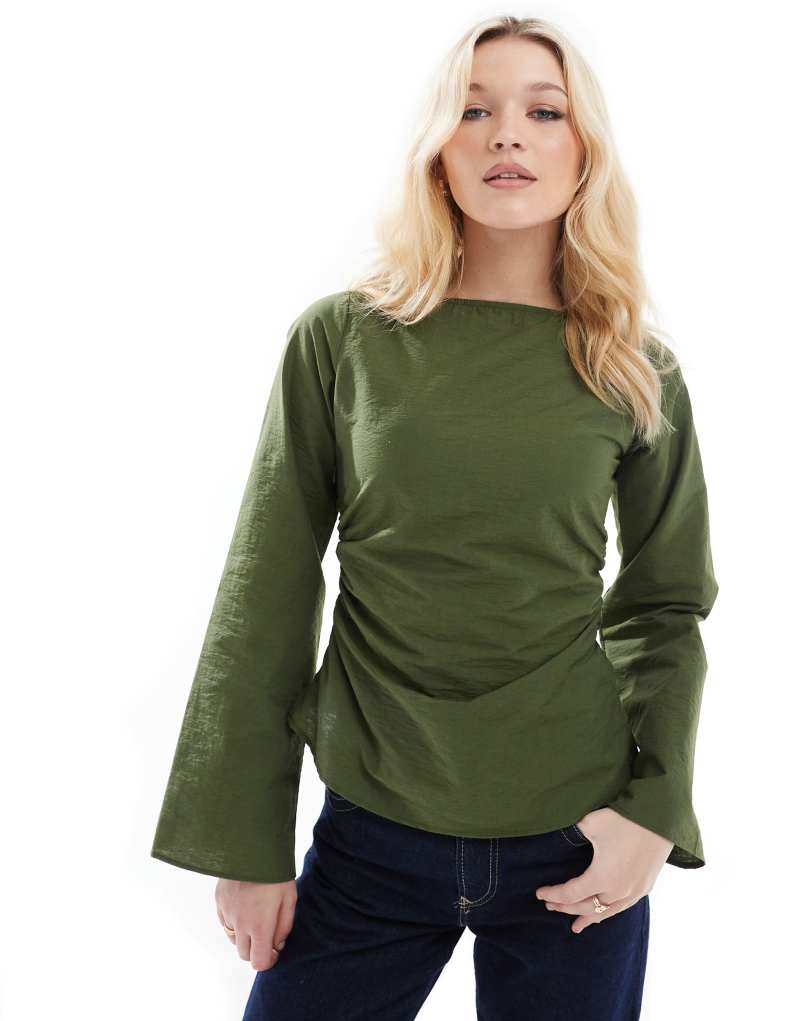 ASOS DESIGN slash neck gathered waist top in khaki ASOS DESIGN