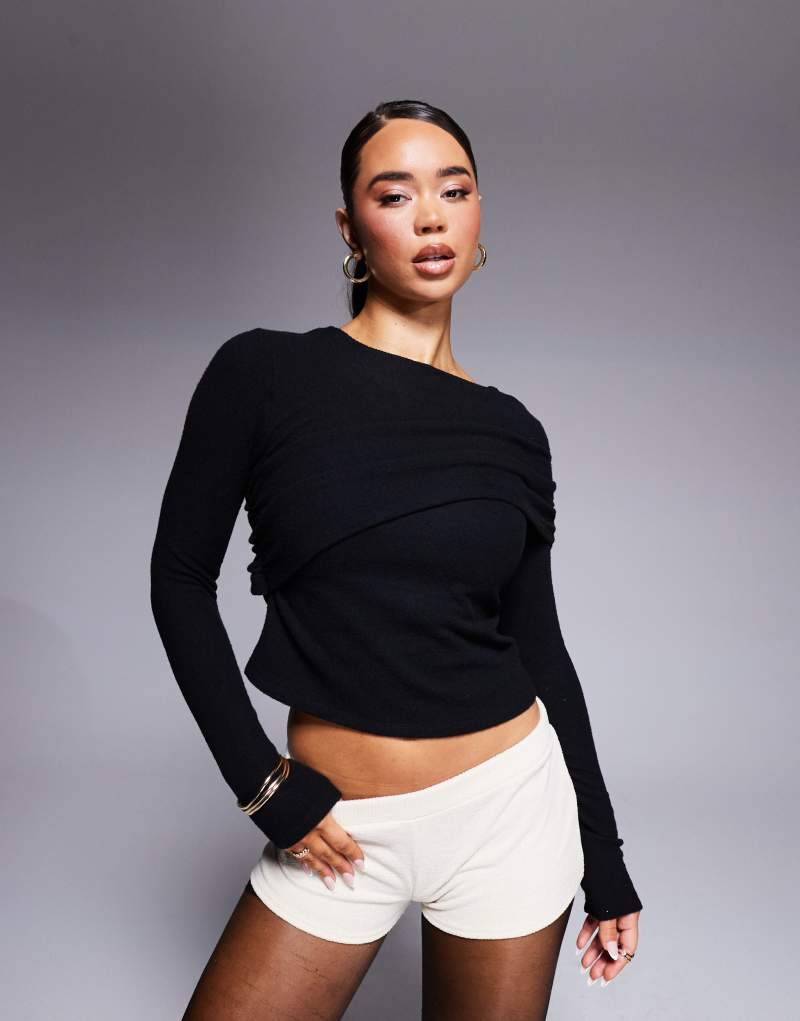 ASOS DESIGN draped cozy super soft long sleeve slash neck top in black ASOS DESIGN