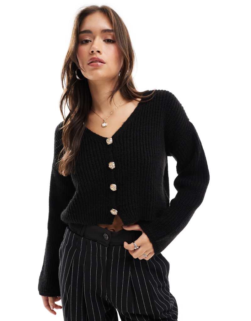 ASOS DESIGN v neck cardigan with gold buttons in black ASOS DESIGN