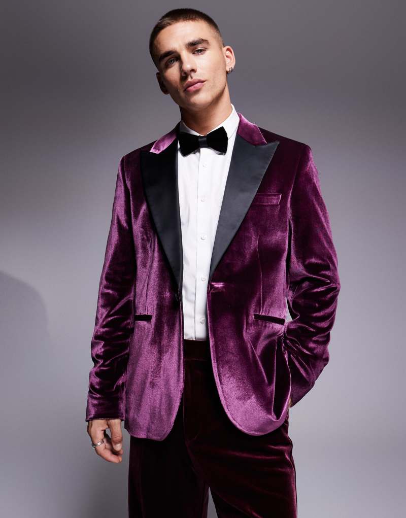 ASOS DESIGN slim velvet tuxedo blazer in burgundy ASOS DESIGN