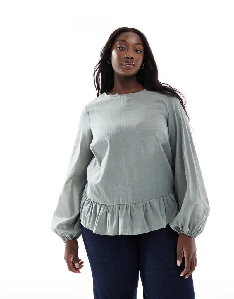 ASOS DESIGN Curve long sleeve peplum hem top in green ASOS Curve