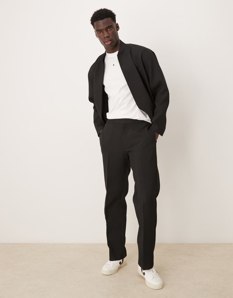 ASOS DESIGN smart ribbed straight leg pants in black with elasticated waist - part of a set ASOS DESIGN