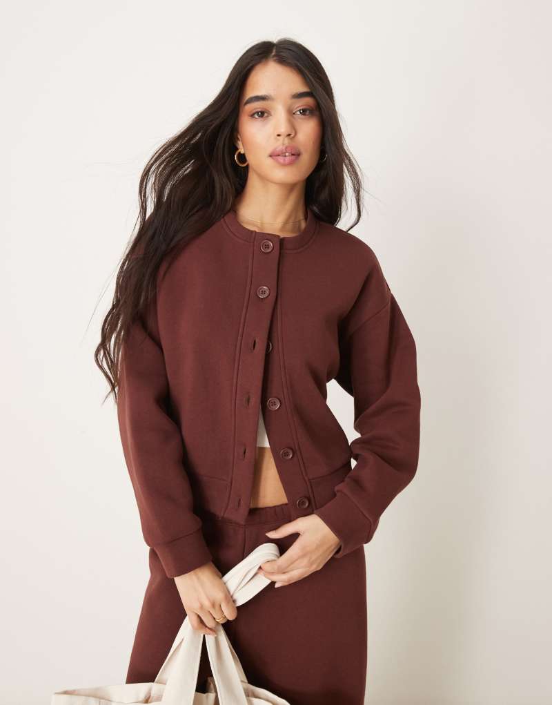 ASOS DESIGN sweats crew neck cardigan in chocolate - part of a set ASOS DESIGN