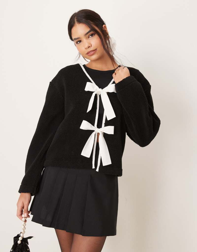 ASOS DESIGN borg jacket with bow tie details in black ASOS DESIGN