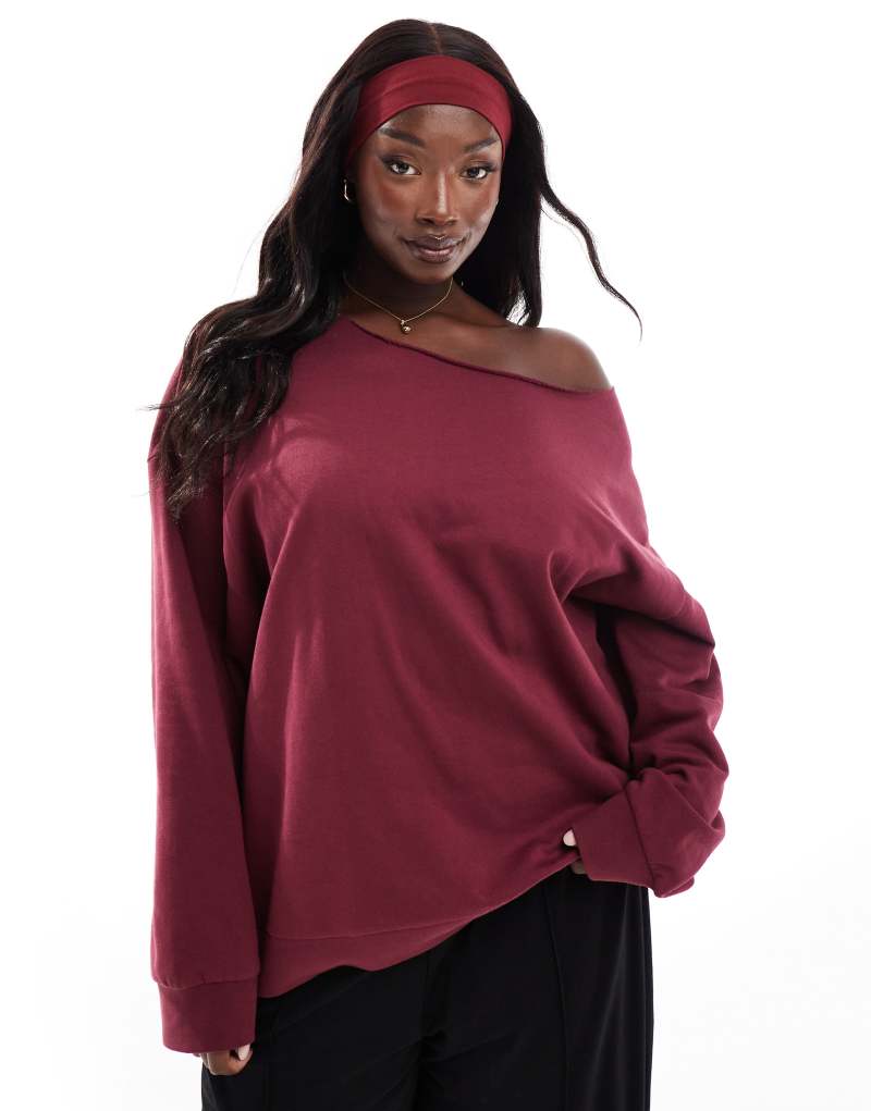 ASOS DESIGN Curve off shoulder sweatshirt in burgundy ASOS Curve