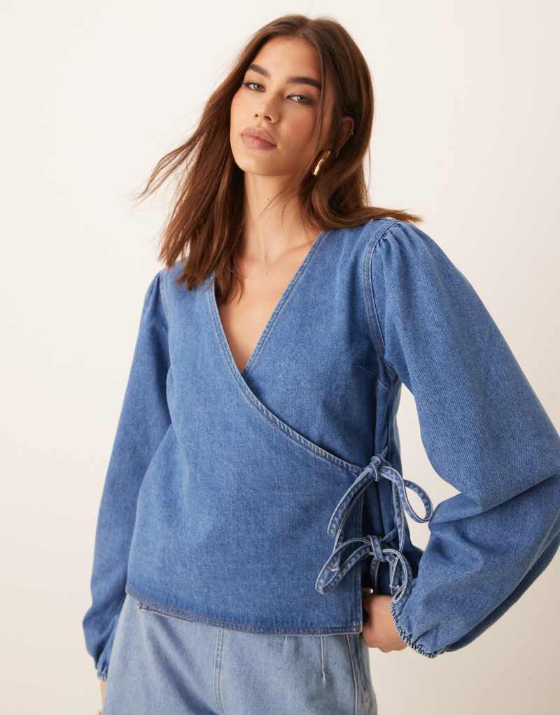 ASOS DESIGN denim long sleeve wrap top in mid blue ASOS DESIGN