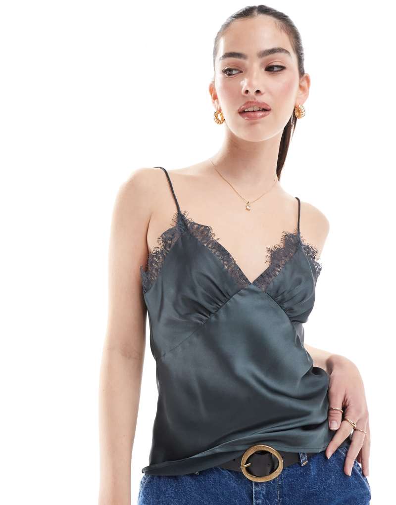 ASOS DESIGN satin cami with lace trim in charcoal ASOS DESIGN