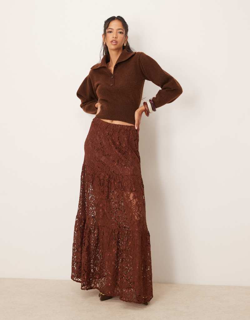 ASOS DESIGN tiered lace maxi skirt in brown ASOS DESIGN