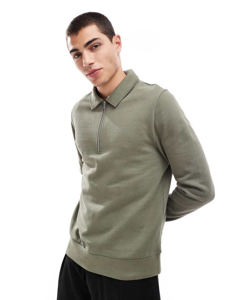 ASOS DESIGN polo sweatshirt with zipper in khaki ASOS DESIGN