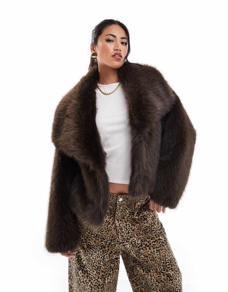 ASOS DESIGN cropped faux fur jacket in brown tipped ASOS DESIGN