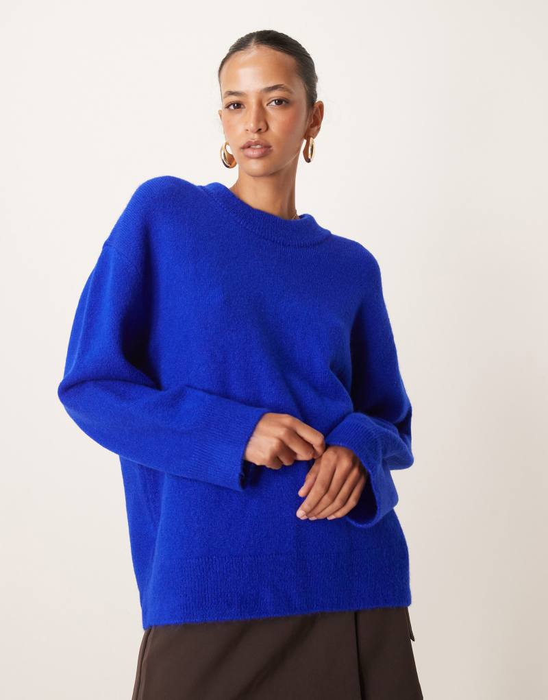 ASOS DESIGN crew neck knitted fluffy sweater in cobalt ASOS DESIGN