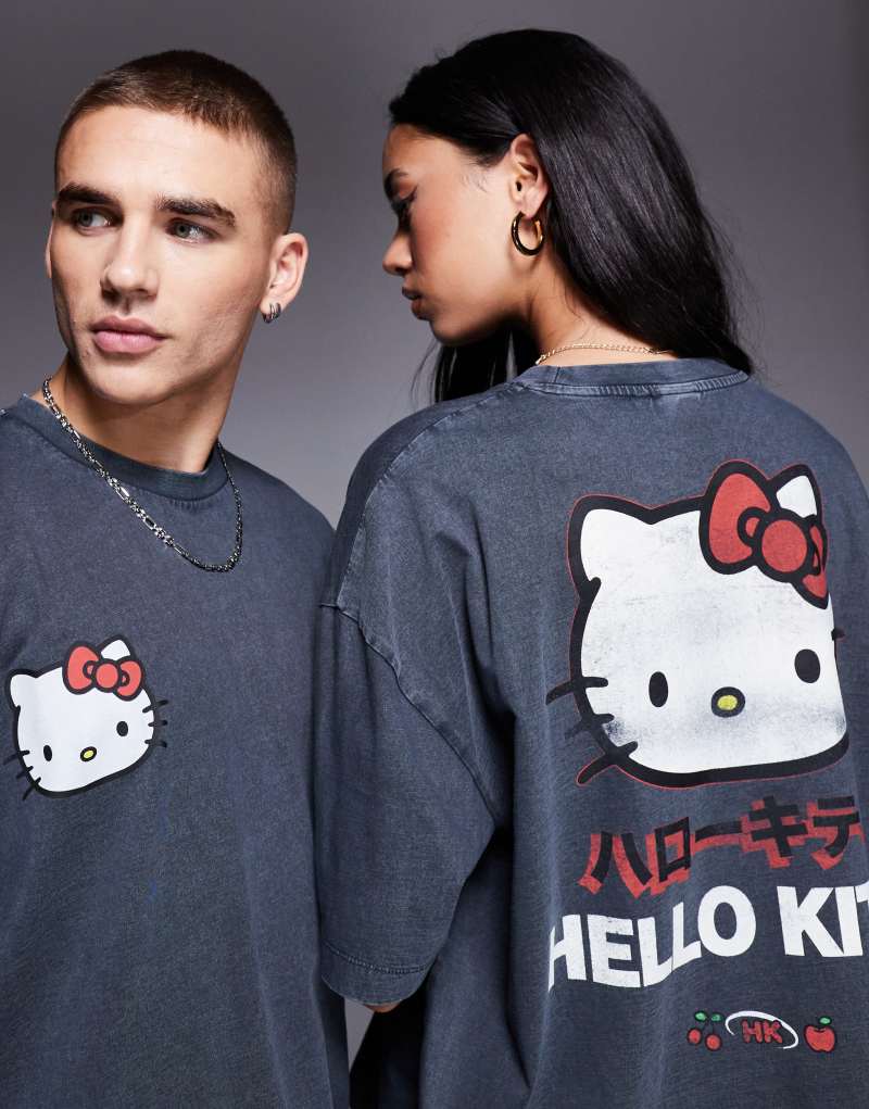 ASOS DESIGN unisex oversized t-shirt with Hello Kitty prints in washed black ASOS DESIGN