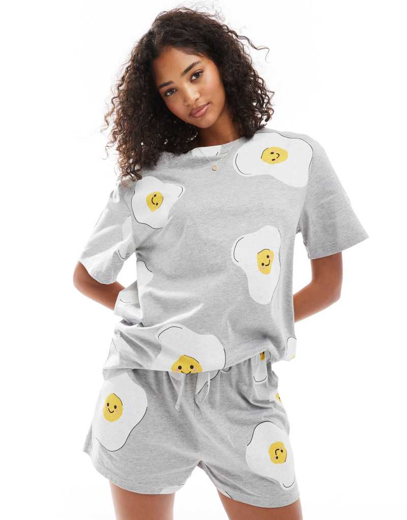 ASOS DESIGN fried egg oversized tee & short pajama set in gray heather ASOS DESIGN