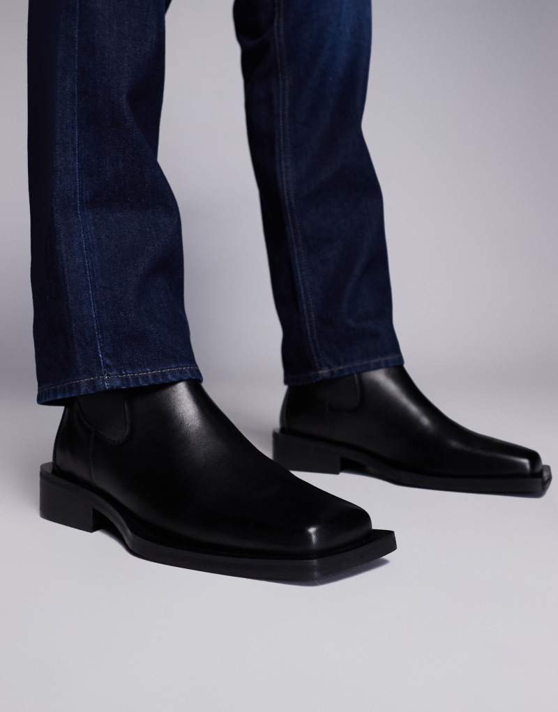 ASOS DESIGN heeled chelsea boots in black leather with square toe ASOS DESIGN