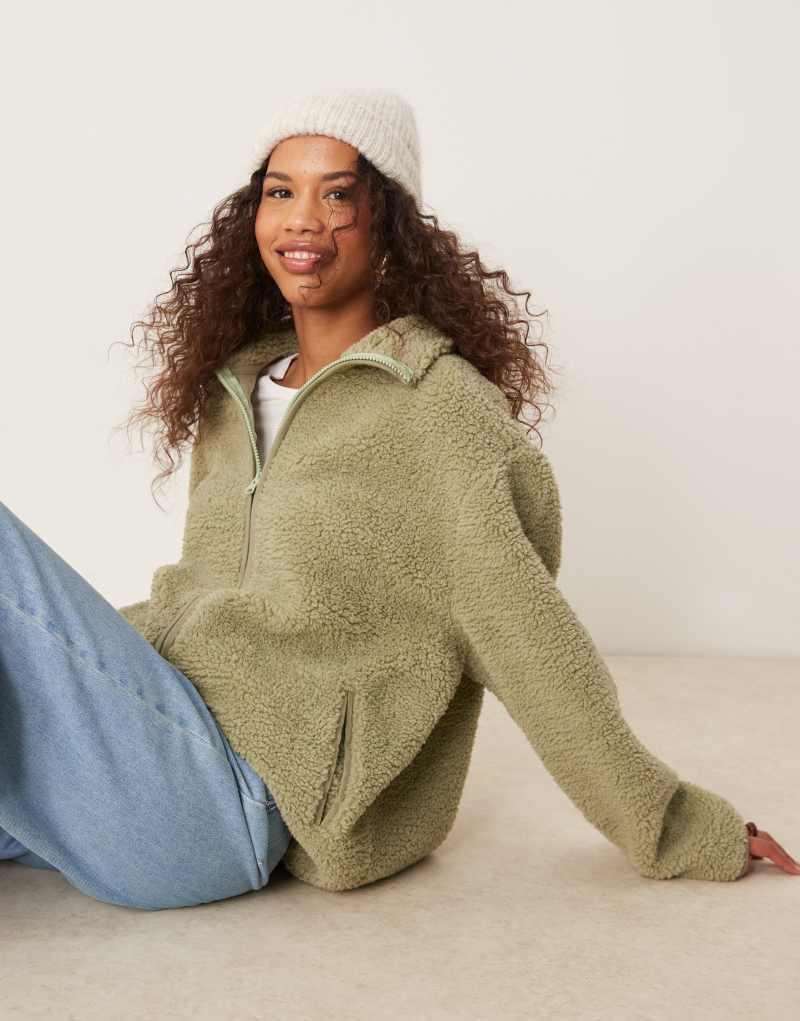 ASOS DESIGN teddy zip up sweatshirt in sage green ASOS DESIGN