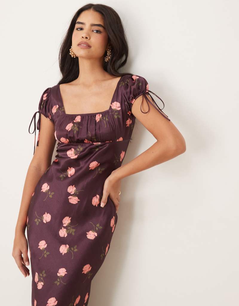 ASOS DESIGN satin tie front cap sleeve maxi dress in burgundy rose print ASOS DESIGN