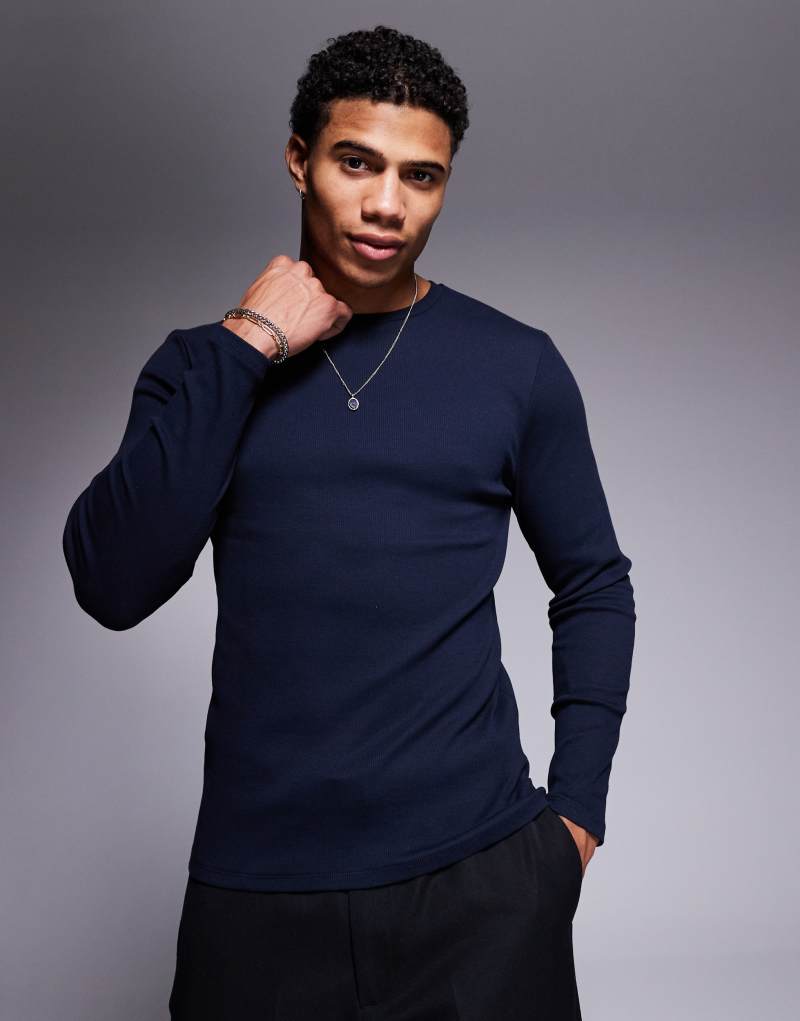 ASOS DESIGN heavyweight muscle fit long sleeve rib t-shirt in navy ASOS DESIGN