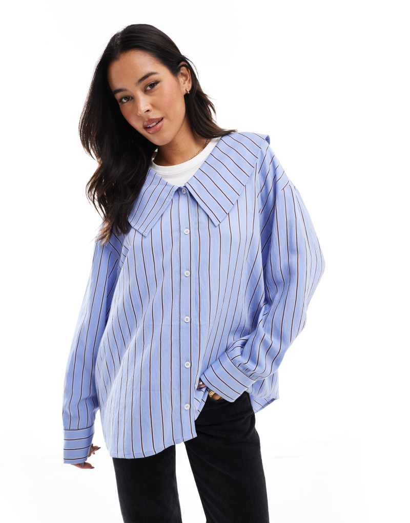 ASOS DESIGN oversized collar detail shirt in blue stripe Asos Design