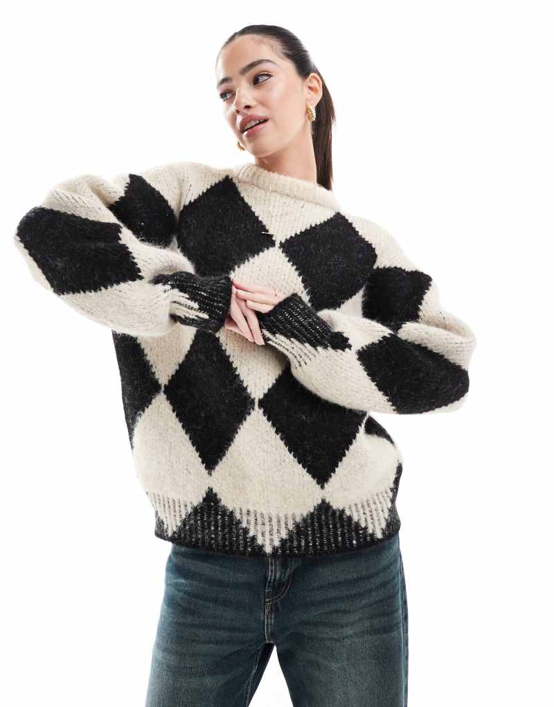 ASOS DESIGN wool blend knitted sweater with argyle pattern in black and white ASOS DESIGN