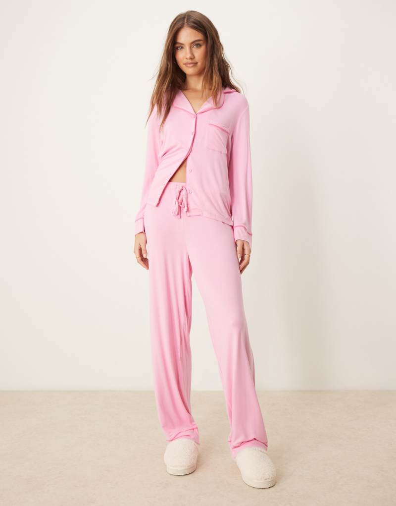 ASOS DESIGN super soft long sleeve shirt & pants pajama set with contrast piping in pink ASOS DESIGN