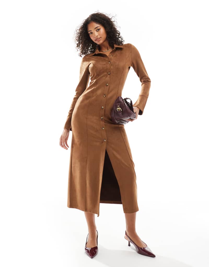 ASOS DESIGN suede button through long sleeve maxi dress in tan ASOS DESIGN