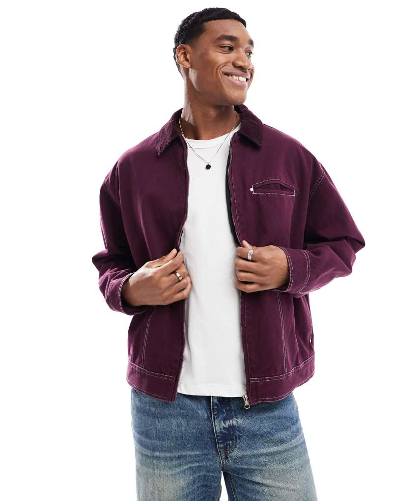 ASOS DESIGN boxy oversized cord collar harrington jacket with contrast stitch in burgundy ASOS DESIGN