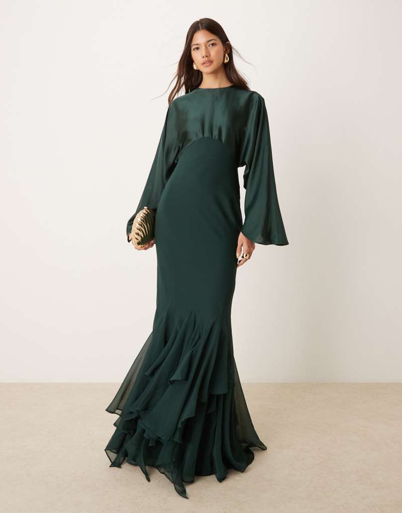 ASOS DESIGN cape sleeve godet maxi dress in forest green ASOS DESIGN