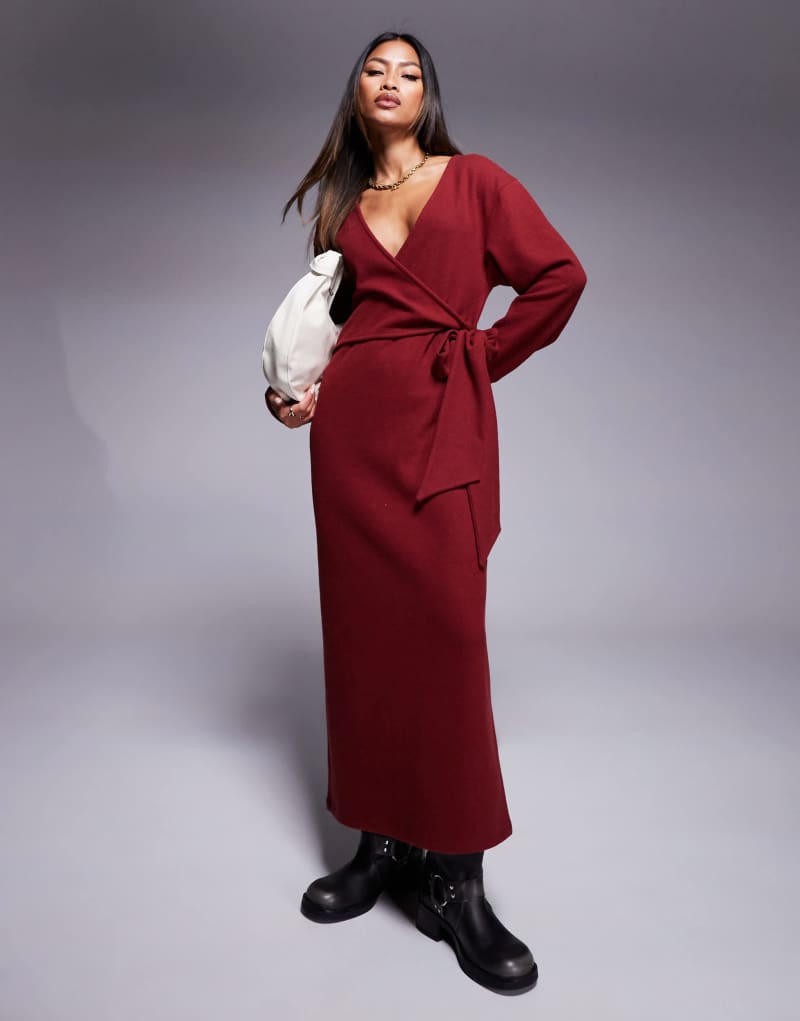 ASOS DESIGN supersoft plunge tie front midi dress in burgundy ASOS DESIGN