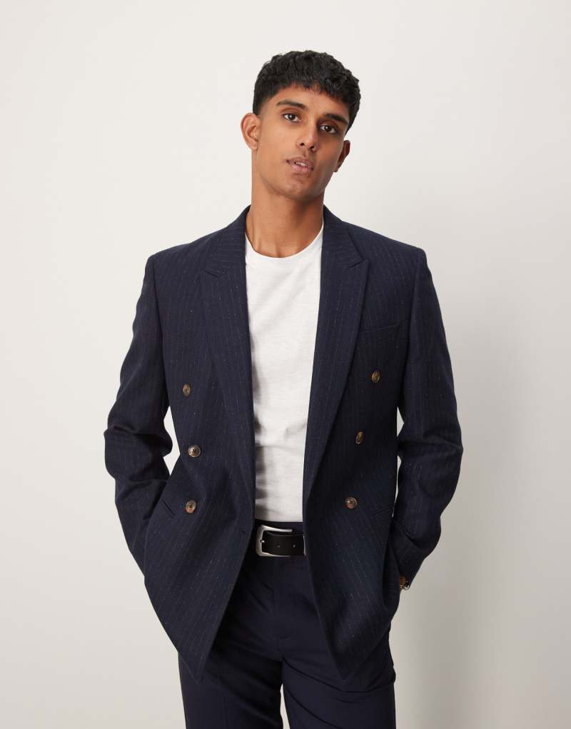 ASOS DESIGN double breasted slim blazer in navy pin stripe ASOS DESIGN