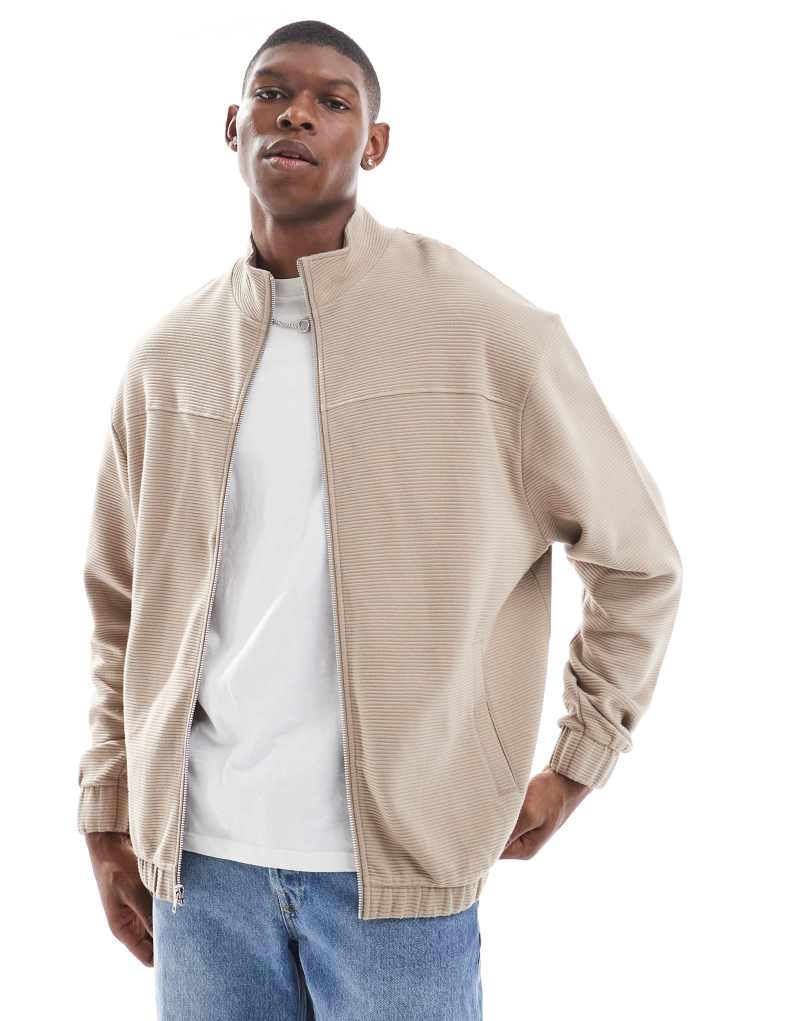 ASOS DESIGN oversized ribbed jersey harrington jacket in beige ASOS DESIGN