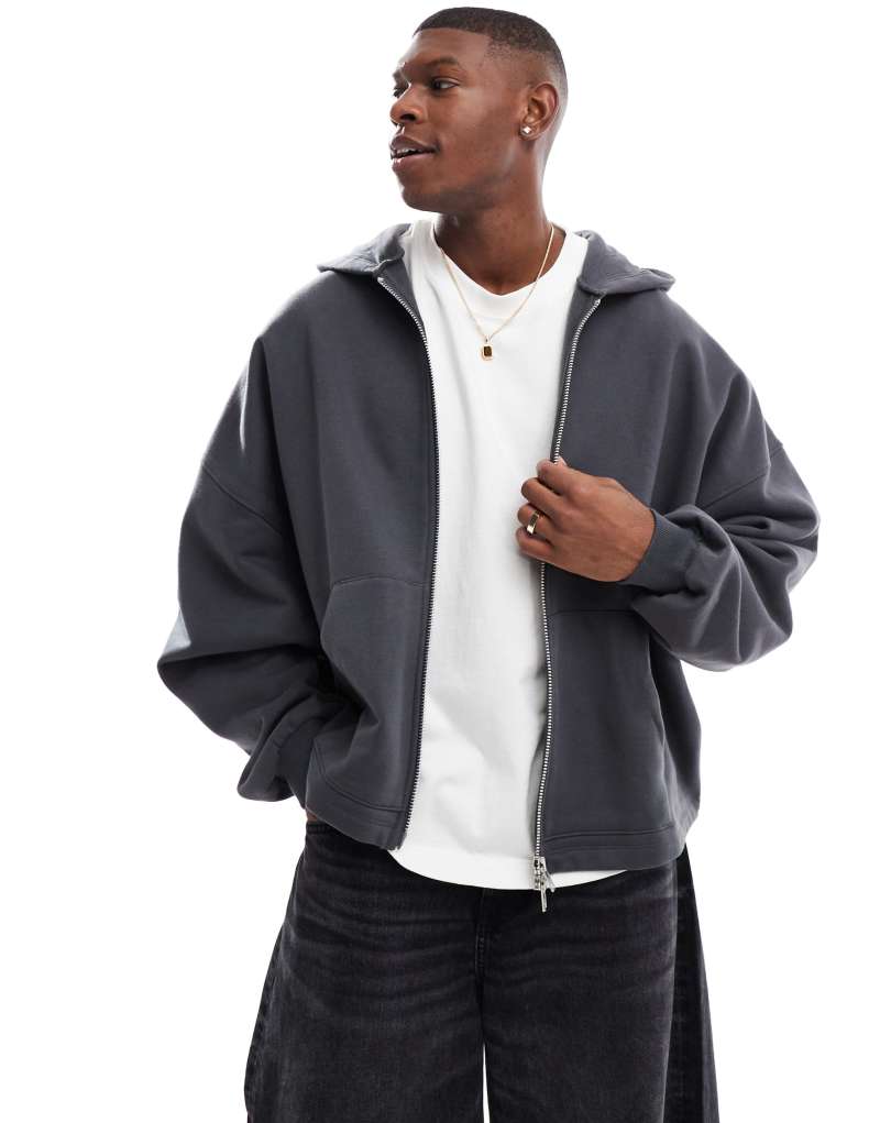 ASOS DESIGN premium heavyweight oversized zip through sweatshirt 400gsm with fixed hem in charcoal ASOS DESIGN