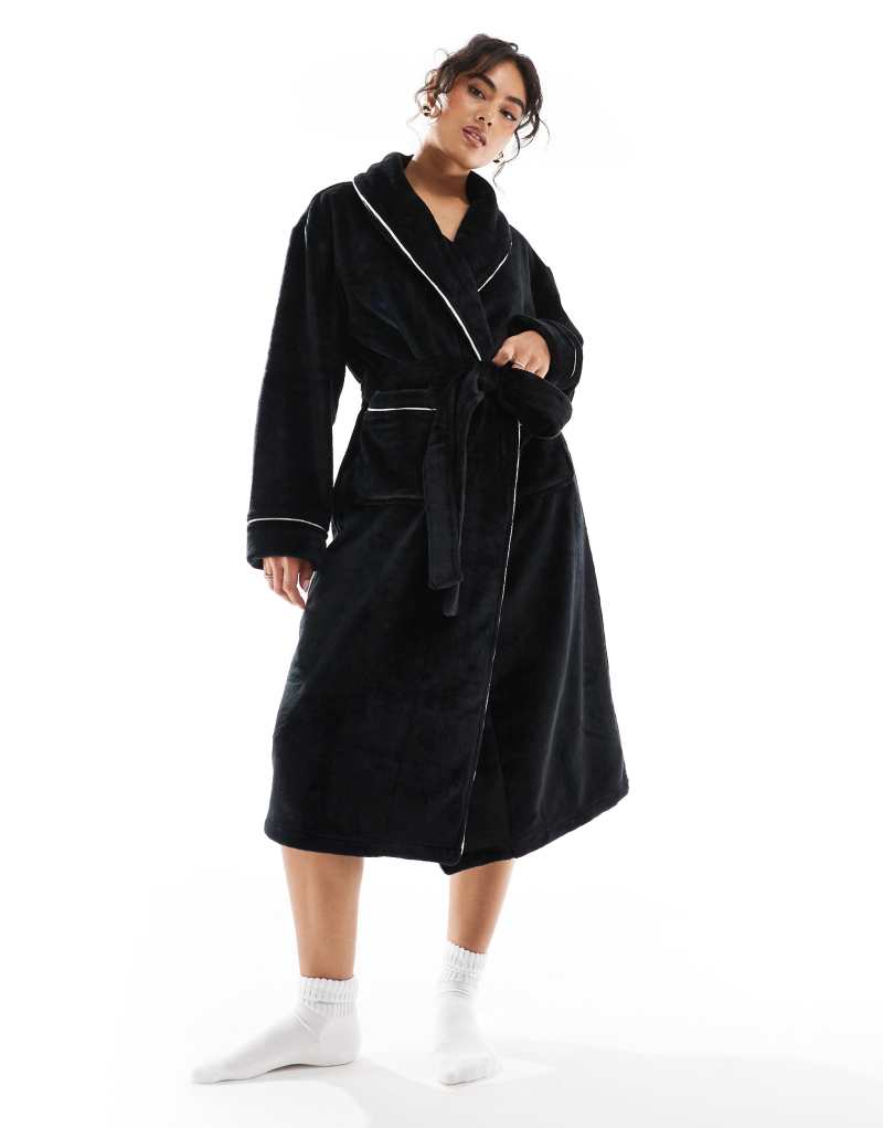 ASOS DESIGN premium super soft fleece midi robe in black ASOS DESIGN