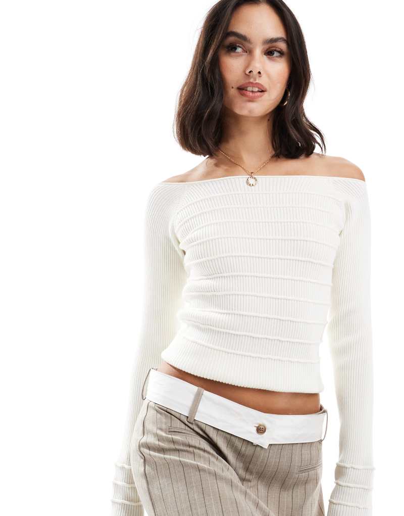 ASOS DESIGN knit off the shoulder bardot top with stitch detail in cream ASOS DESIGN