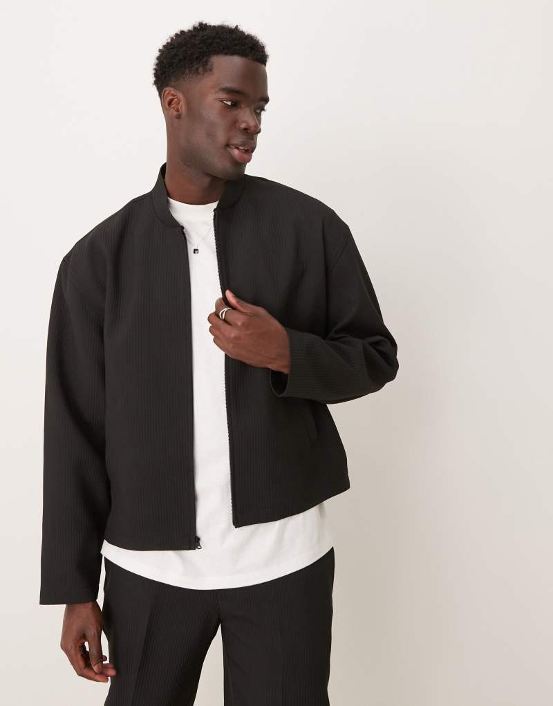 ASOS DESIGN smart ribbed bomber jacket in black - part of a set ASOS DESIGN