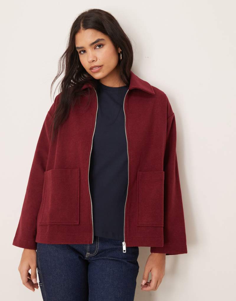 ASOS DESIGN wool look zip through jacket with pockets in burgundy ASOS DESIGN