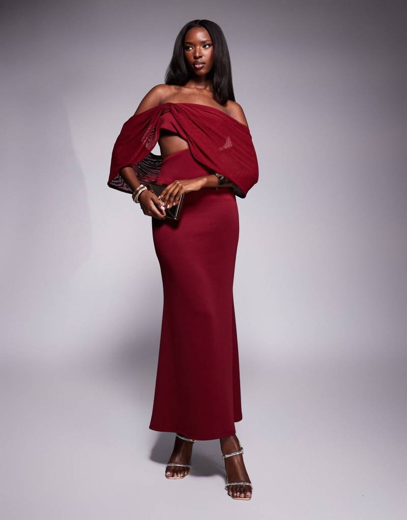 ASOS DESIGN scuba bardot midi dress with sheer drape sleeve detail in burgundy ASOS DESIGN