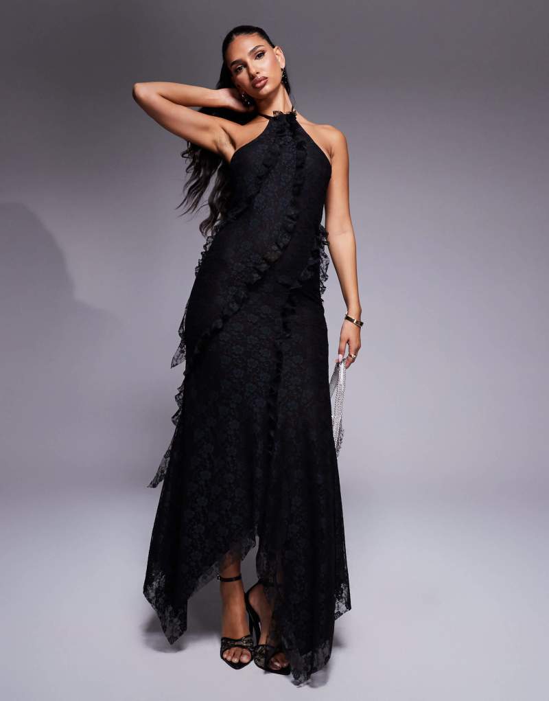 ASOS DESIGN halterneck lace maxi dress with seam ruffle details in black  ASOS DESIGN