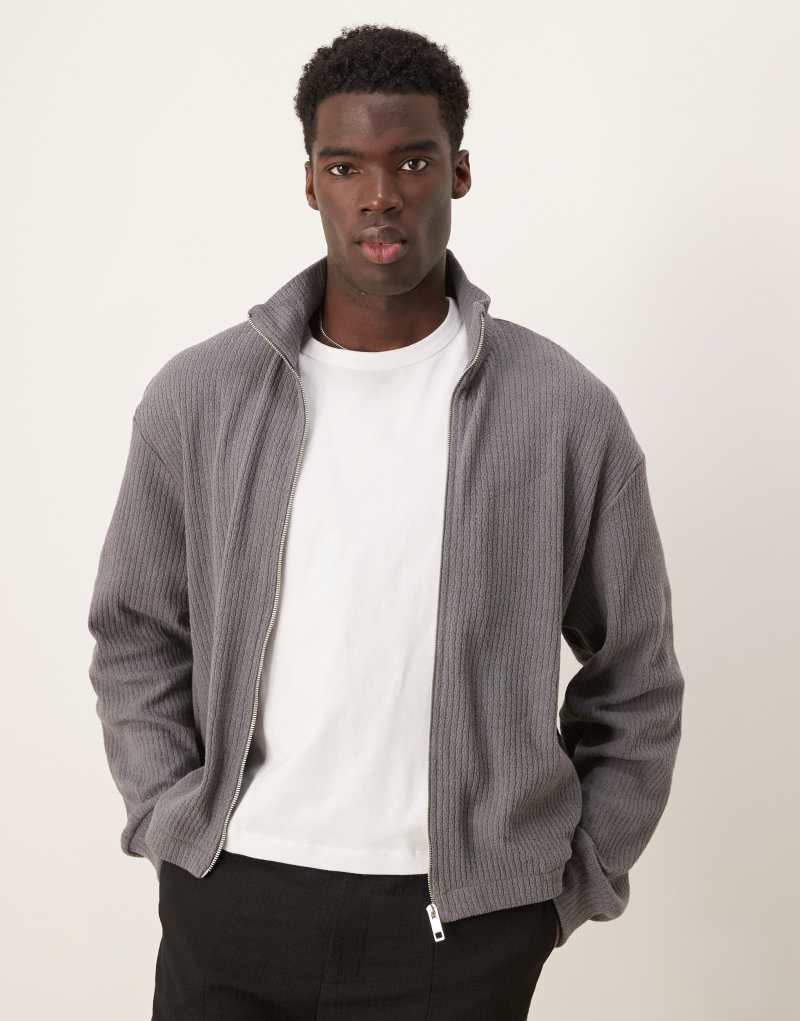 ASOS DESIGN oversized boxy zip through track jacket with brushed rib and pockets in charcoal ASOS DESIGN