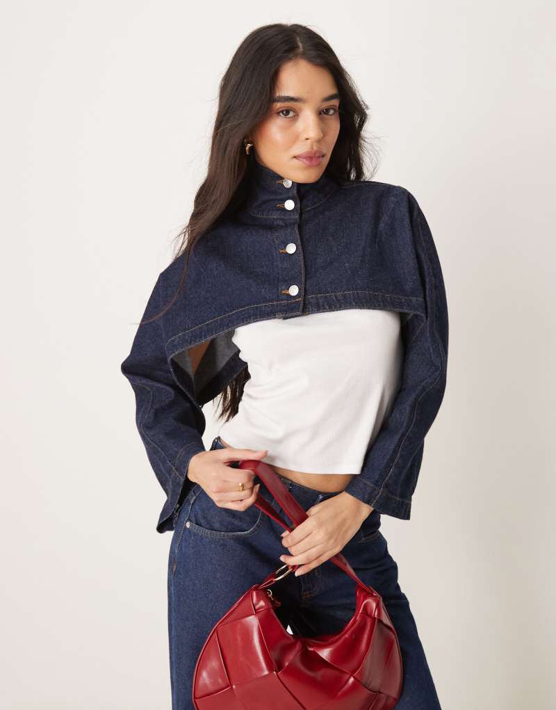 ASOS DESIGN denim cropped funnel neck jacket indigo ASOS DESIGN