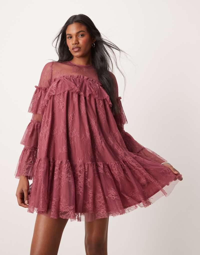 ASOS DESIGN lace smock mini dress with frill sleeve in berry ASOS DESIGN