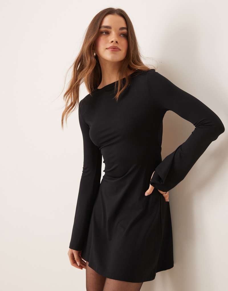 ASOS DESIGN slash neck flute sleeve mini dress with back detail in black ASOS DESIGN