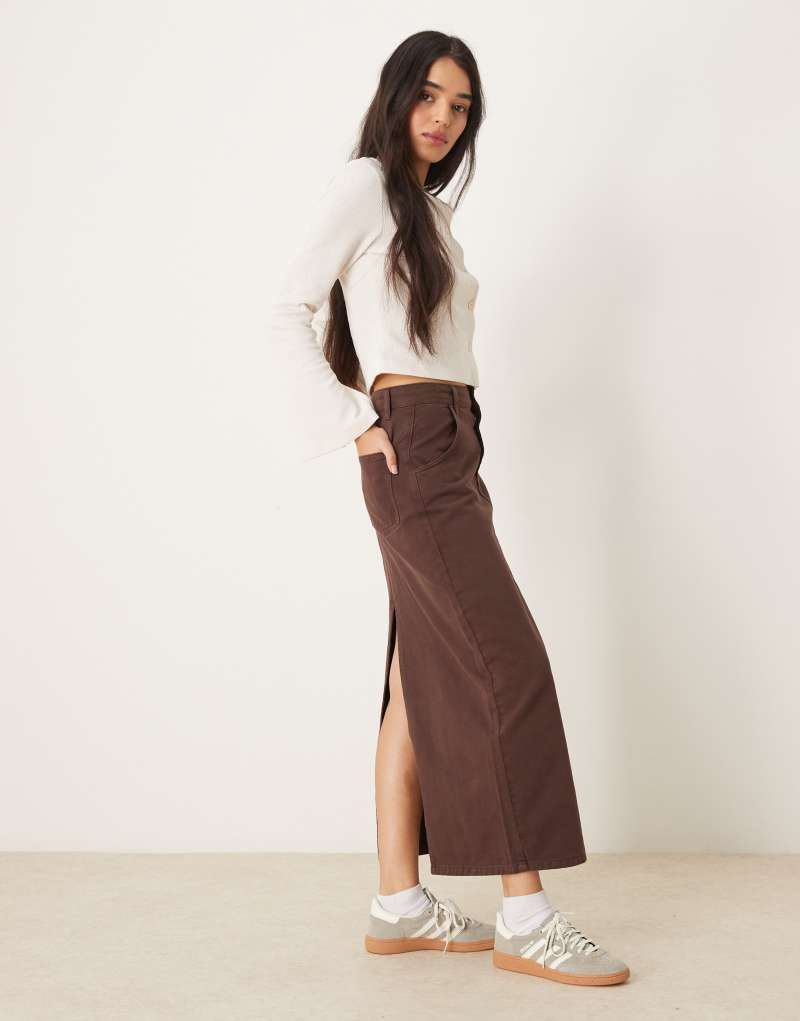 ASOS DESIGN denim maxi skirt with back slit in brown tint ASOS DESIGN